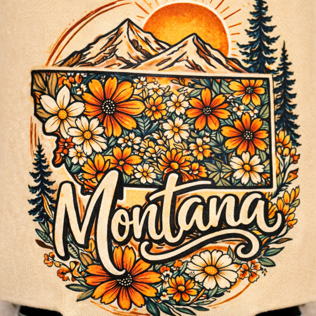Montana Wildflower Mountain Can Koozie – Handmade Boho Montana Drink Sleeve | Insulated Neoprene Beer & Soda Holder | Montana Gift