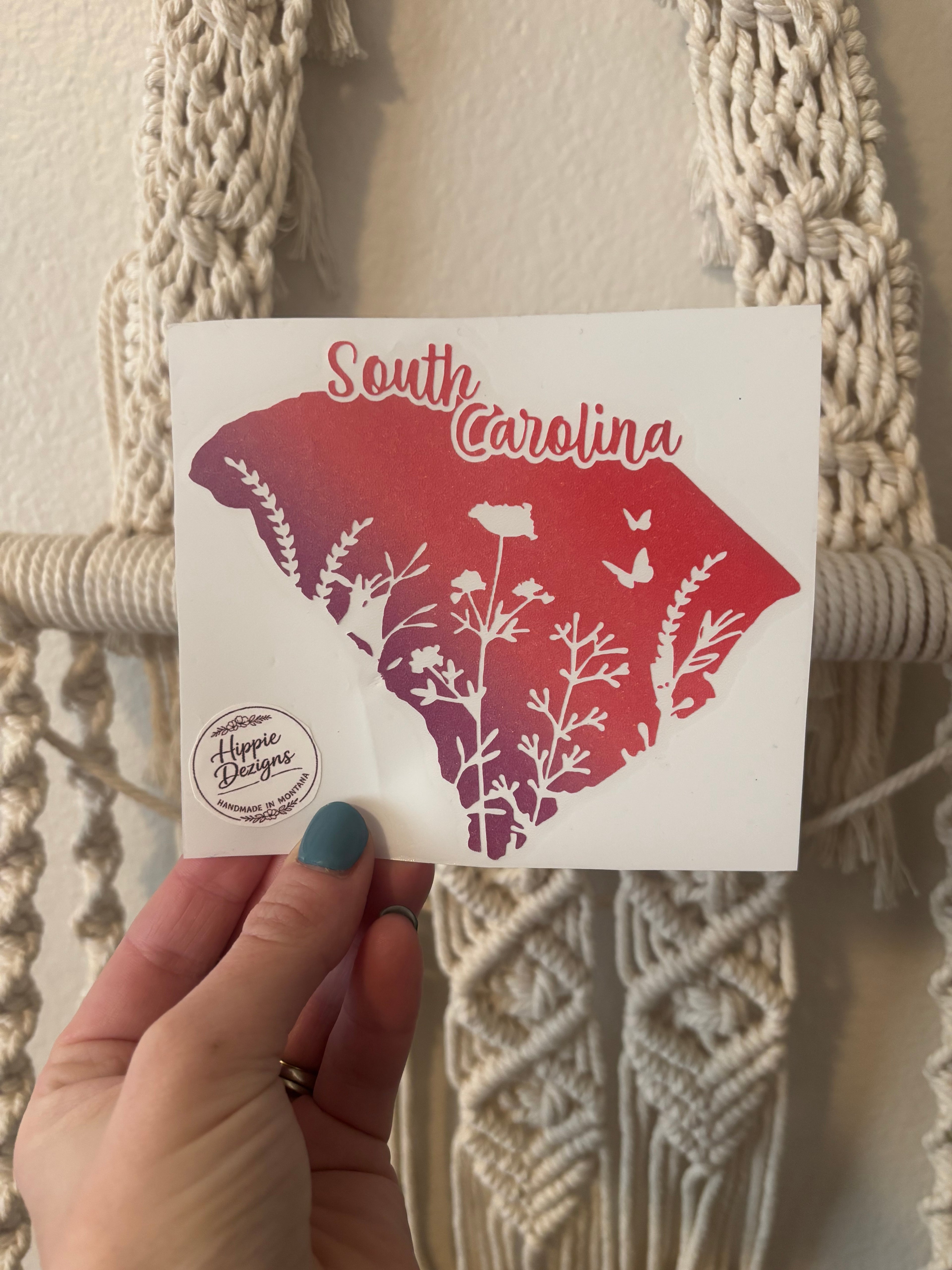 South Carolina Floral Vinyl Decal – Pink Purple Ombré State Wildflower Car Decal | Boho Aesthetic Laptop, Tumbler Sticker | Multiple Sizes & Colors