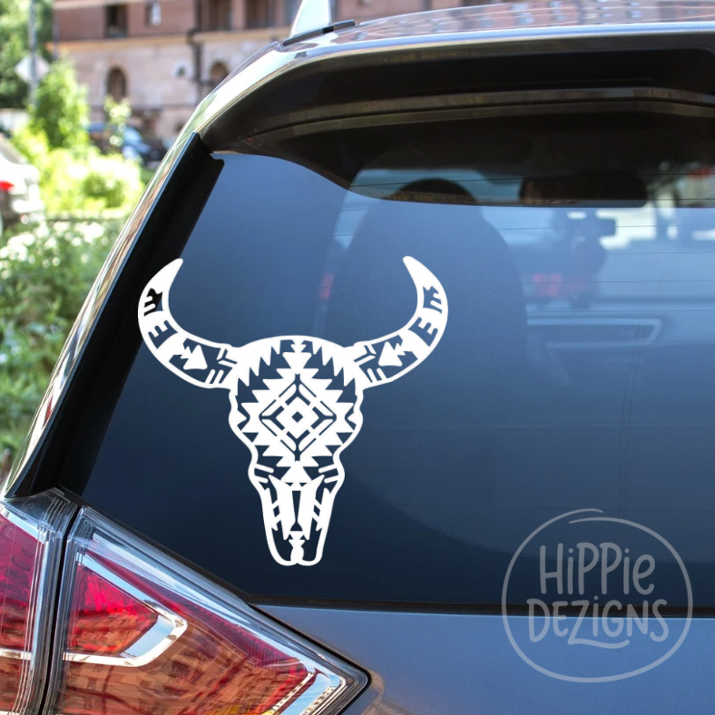 Boho Aztec Cow Skull Vinyl Decal | Western Car Window Sticker | Tribal Bull Skull Decal | Waterproof | Multiple Sizes & Colors
