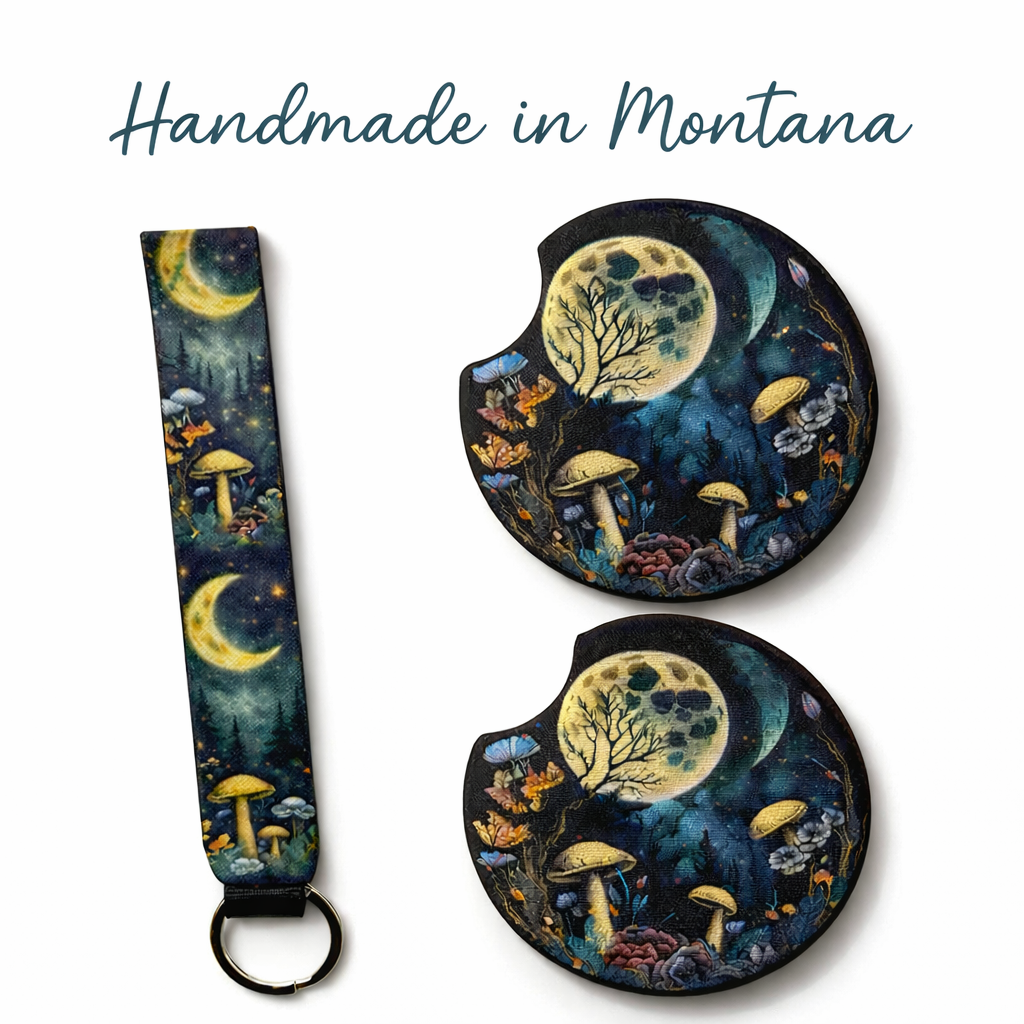 Moonlit Mushroom Car Coasters & Keychain Set | Boho Forest Car Accessories | Handmade Car Cup Holder Coasters