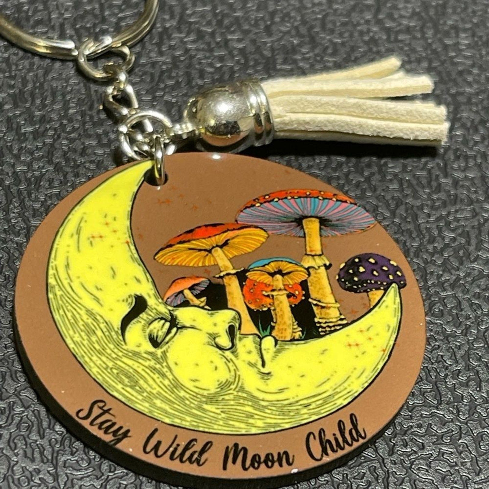 Handmade Stay Wild Moon Child Mushroom Wooden Keychain