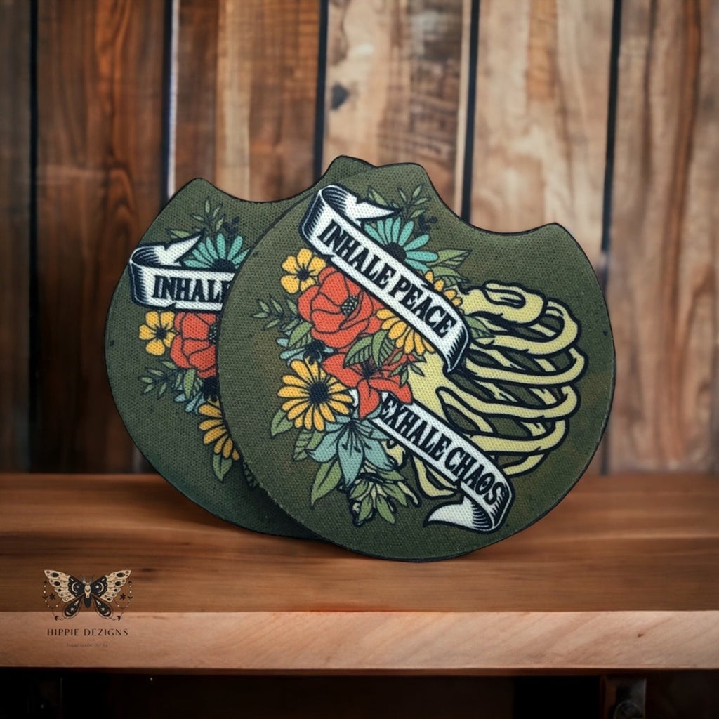 Inhale Peace Floral Skeleton Car Coasters