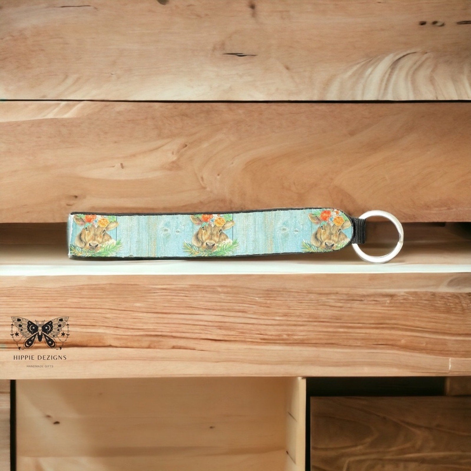 Teal Floral Farm Cow Keychain Lanyard
