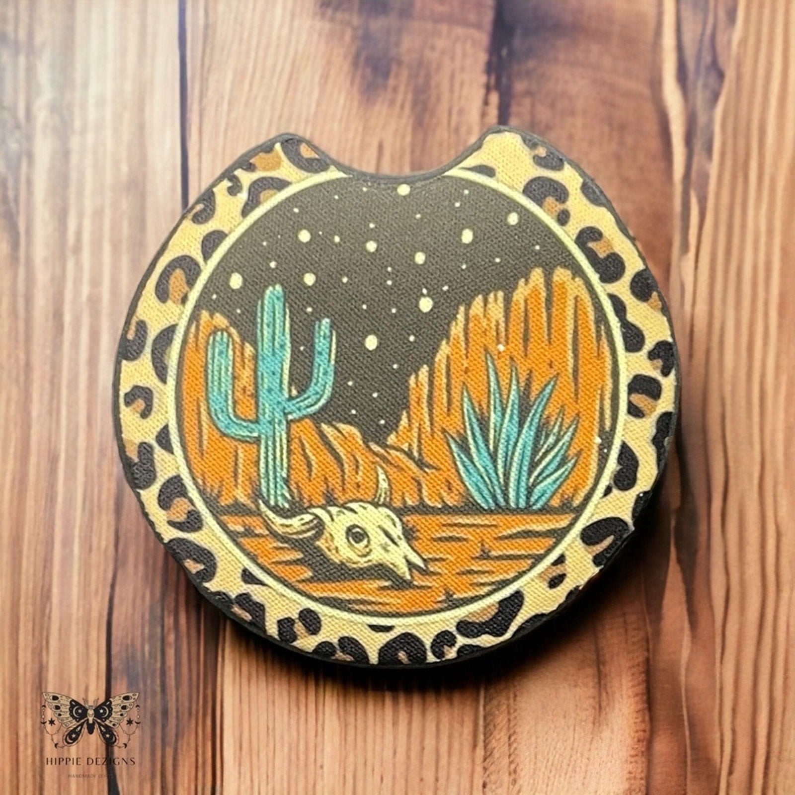Boho Desert Car Coasters – Leopard Print Neoprene Cup Holder Coasters | Western Cactus Skull Design | Absorbent Car Accessories Set