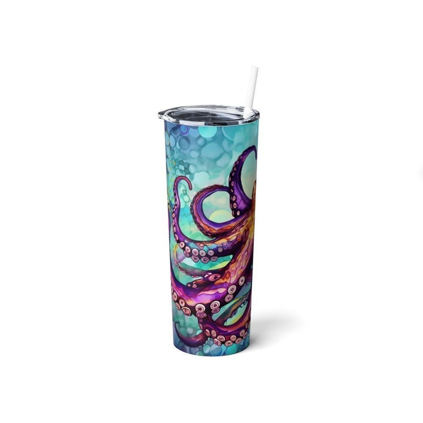 Colorful Octopus 20oz Straight Tumbler- Ocean Art Stainless Steel Cup with Metal Straw