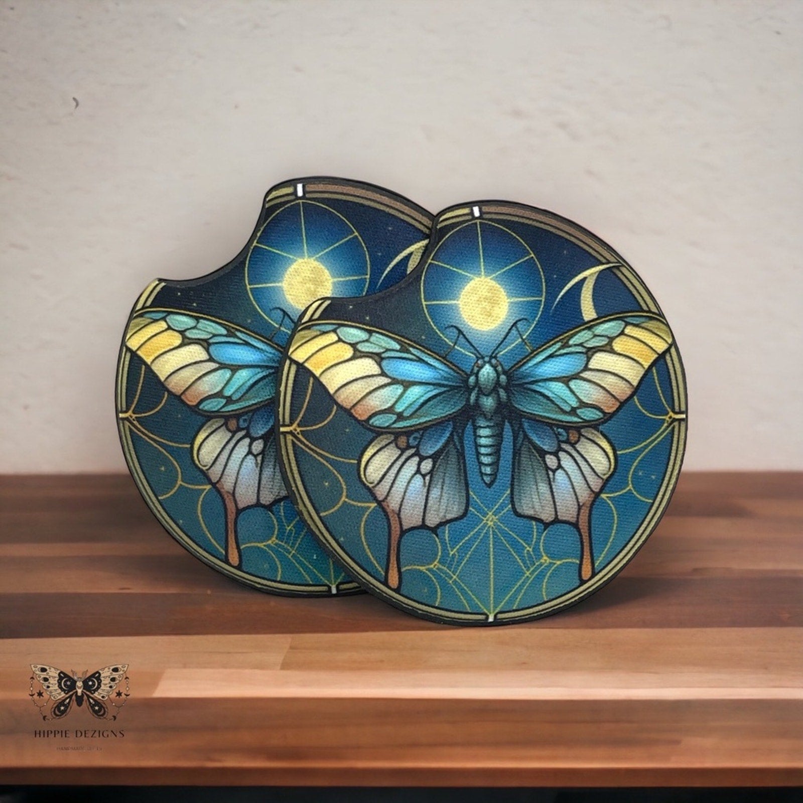 Stained Glass Moth Car Coaster Set | Car Accessories