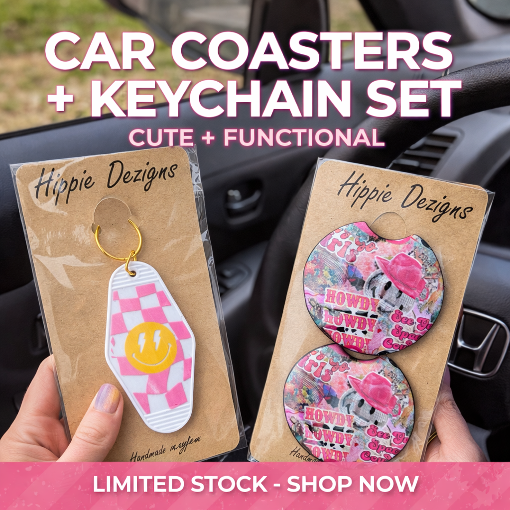 Pink Western Cowgirl Car Coaster & Smiley Motel Keychain Bundle | Handmade Neoprene Car Accessories Set | Hippie Dezigns