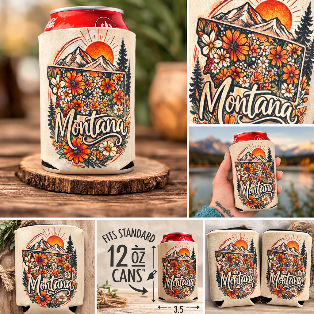 Montana Wildflower Mountain Can Koozie – Handmade Boho Montana Drink Sleeve | Insulated Neoprene Beer & Soda Holder | Montana Gift