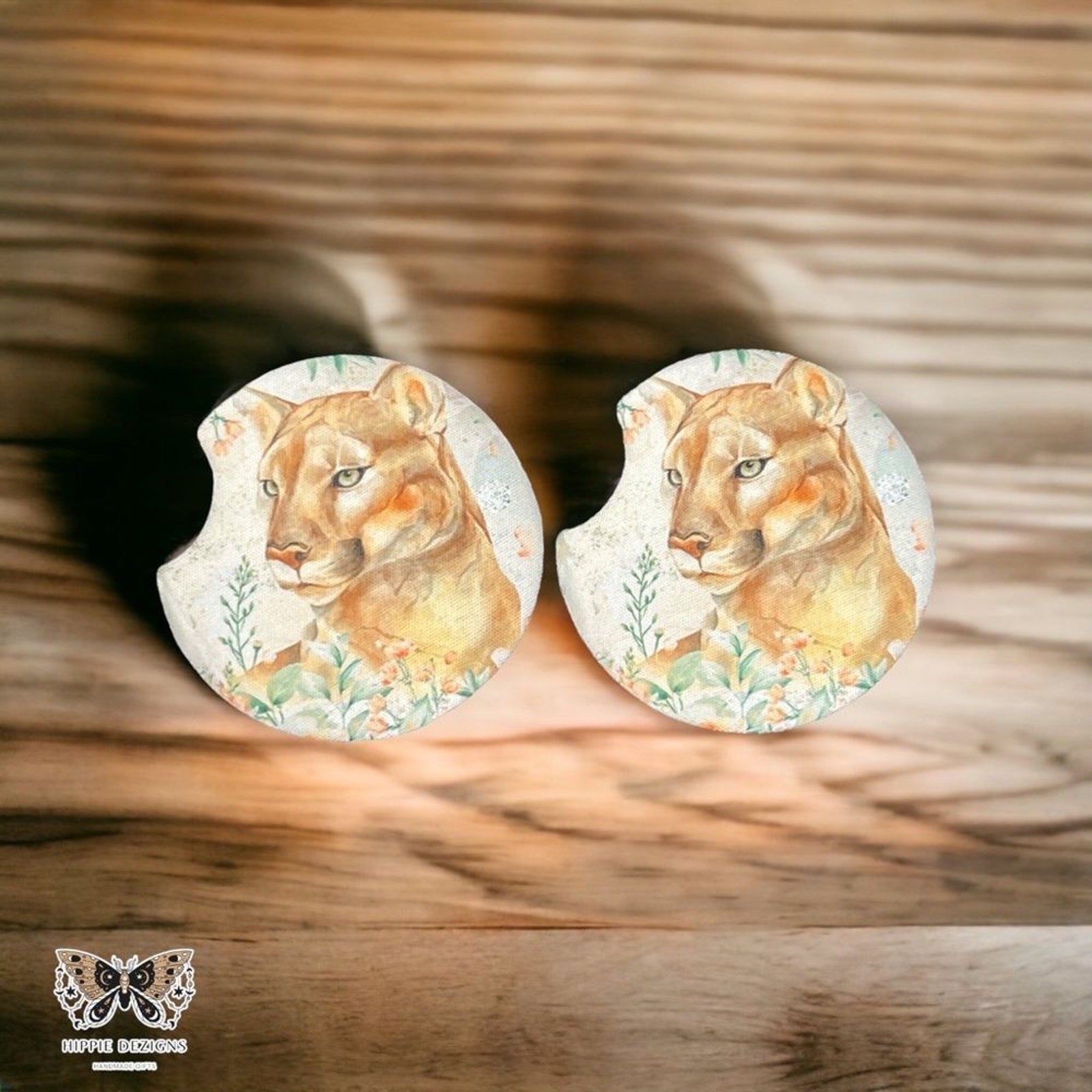 Floral Mountain Lion Car Coaster 2 Pack