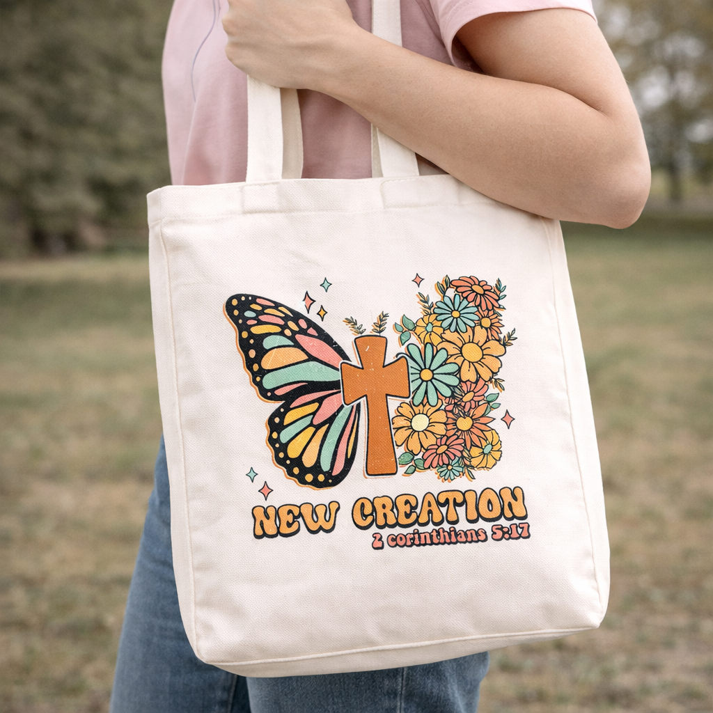 New Creation Canvas Tote Bag | 2 Corinthians 5:17 Christian Tote | Butterfly Cross Floral Bag | Faith-Based Gift for Women | Double-Sided Tote