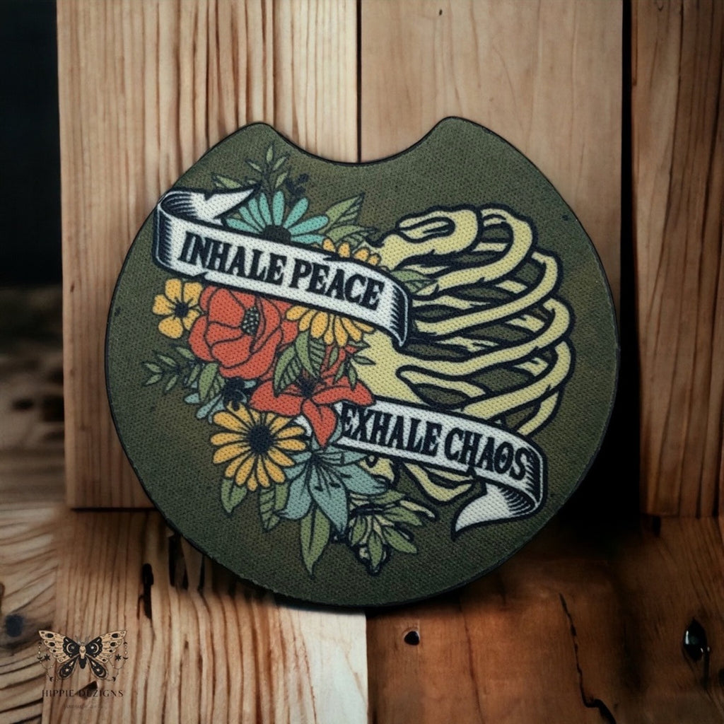 Inhale Peace Floral Skeleton Car Coasters