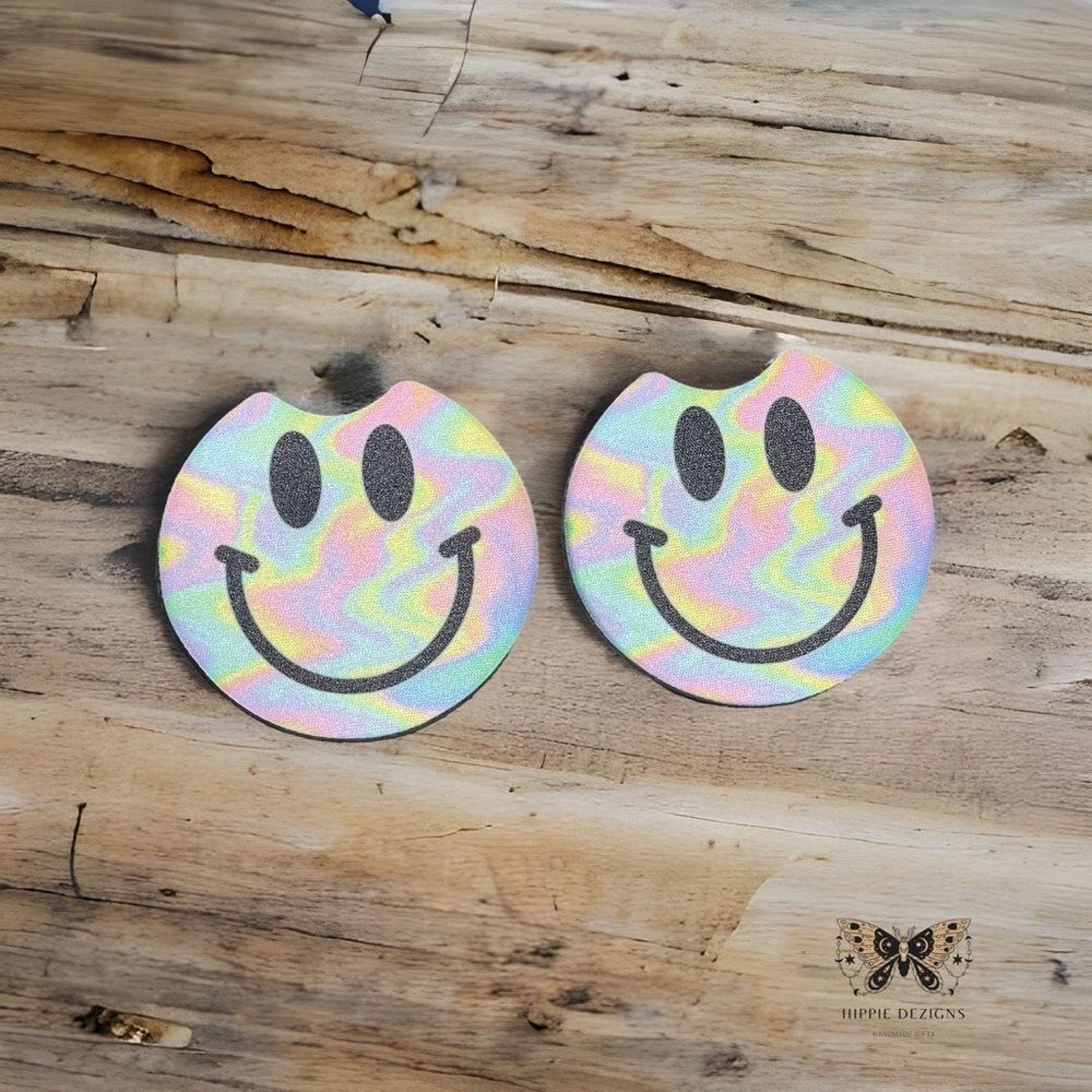 Rainbow Holographic Smiley Face Car Coaster Set | Car Access