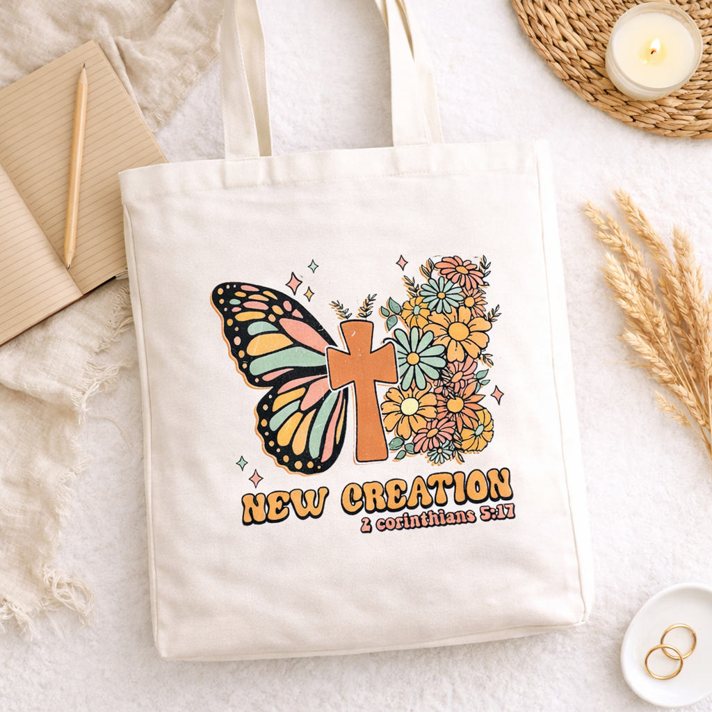 New Creation Canvas Tote Bag | 2 Corinthians 5:17 Christian Tote | Butterfly Cross Floral Bag | Faith-Based Gift for Women | Double-Sided Tote