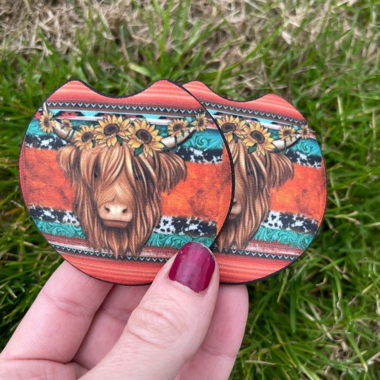 Highland Cow Car Coaster | Car Accessories | Cow Decor | Coaster Set