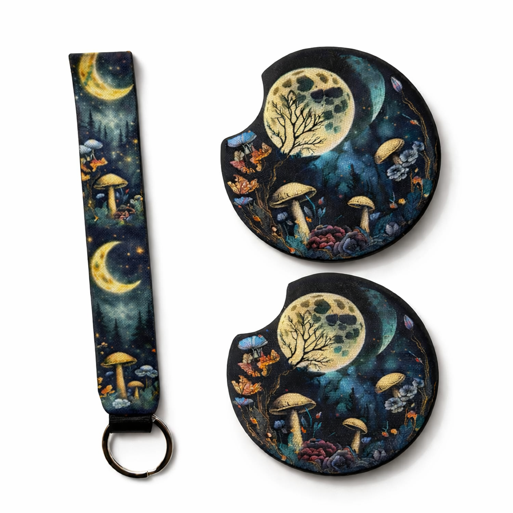Moonlit Mushroom Car Coasters & Keychain Set | Boho Forest Car Accessories | Handmade Car Cup Holder Coasters