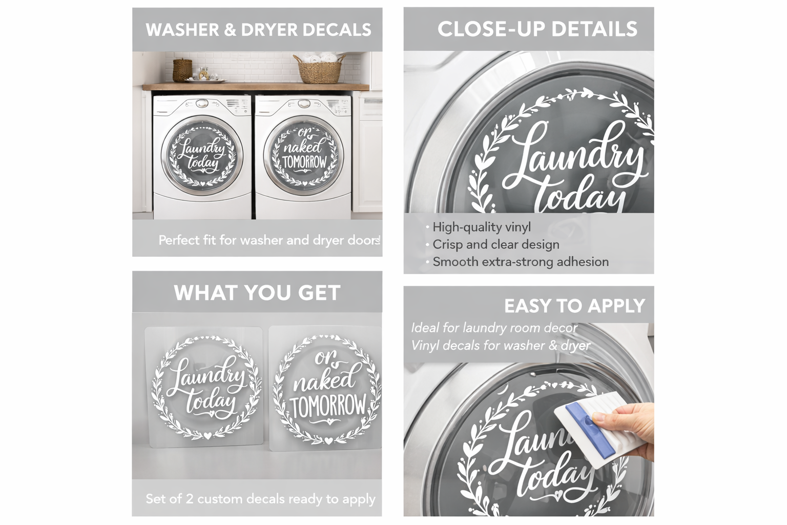 Laundry Room Washer Dryer Decals | “Laundry Today or Naked Tomorrow” Vinyl Washer Dryer Door Decal Set | Farmhouse Laundry Room Decor
