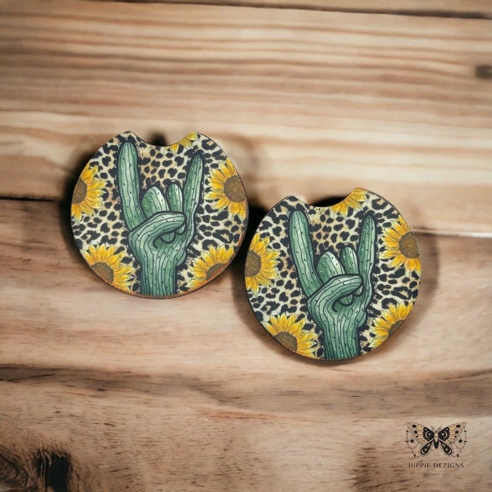 Cactus Sunflower Car Coaster Set | Car Accessories