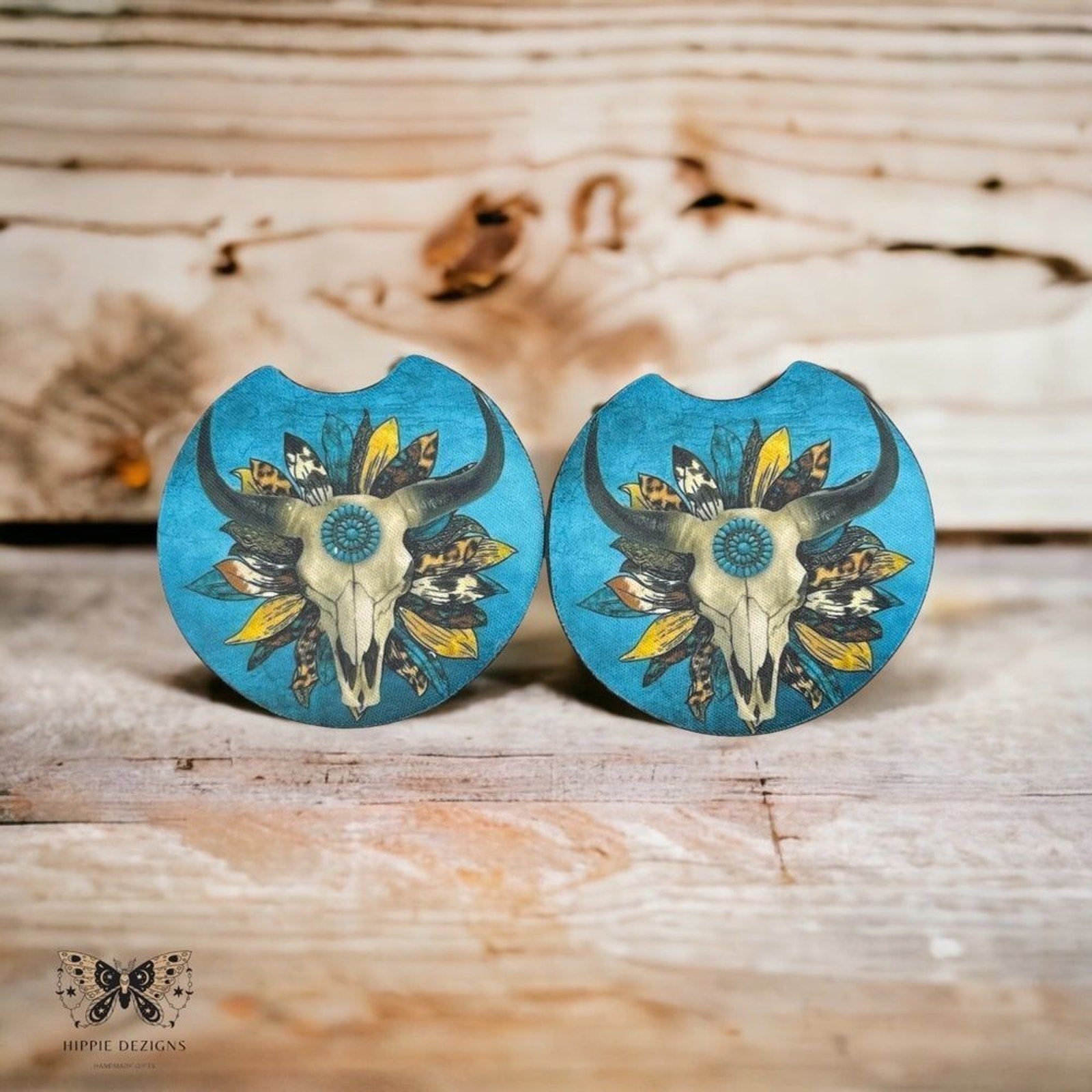 Turquoise Rams Head Car Coaster Set