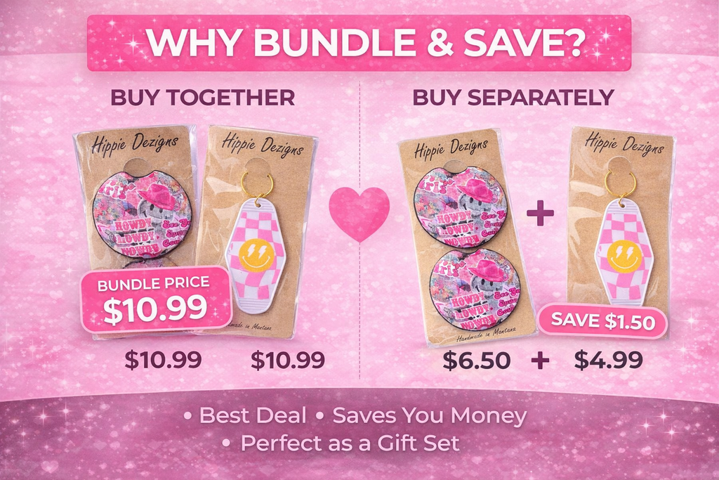 Pink Western Cowgirl Car Coaster & Smiley Motel Keychain Bundle | Handmade Neoprene Car Accessories Set | Hippie Dezigns