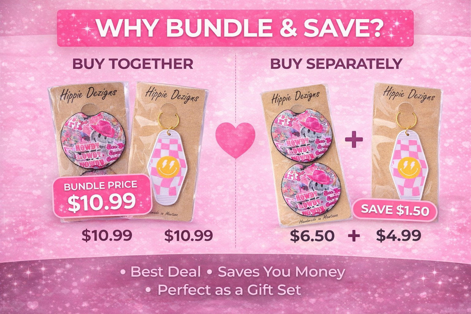 Pink Western Cowgirl Car Coaster & Smiley Motel Keychain Bundle | Handmade Neoprene Car Accessories Set | Hippie Dezigns