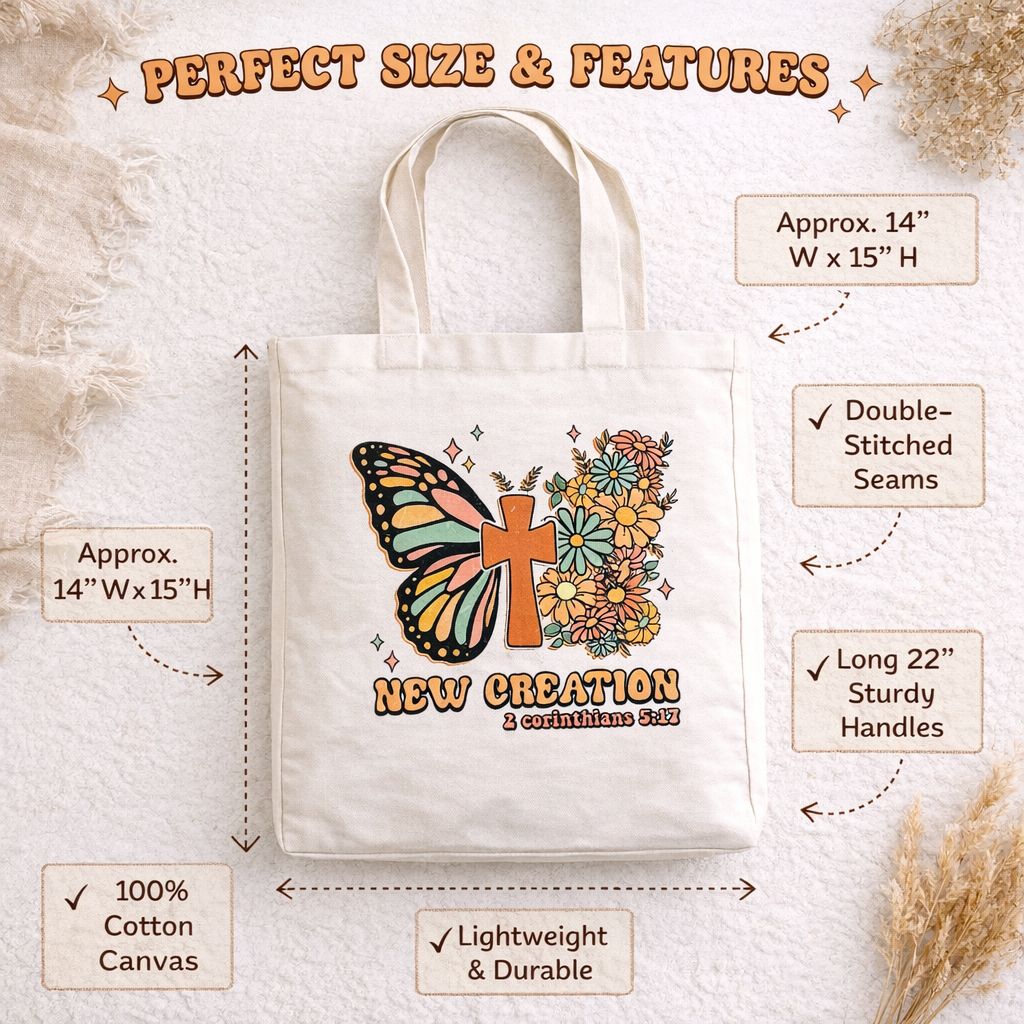 New Creation Canvas Tote Bag | 2 Corinthians 5:17 Christian Tote | Butterfly Cross Floral Bag | Faith-Based Gift for Women | Double-Sided Tote