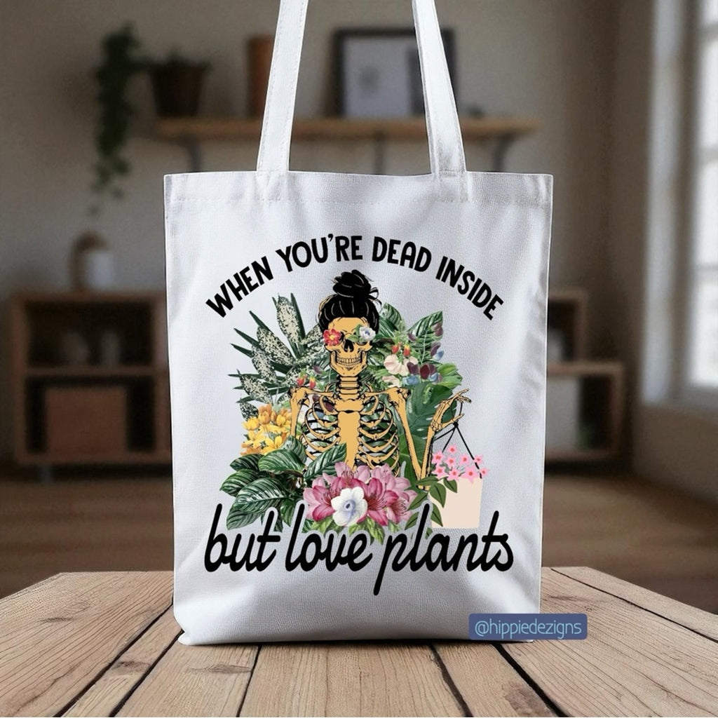White Tote Bag with Plant and Skeleton Design