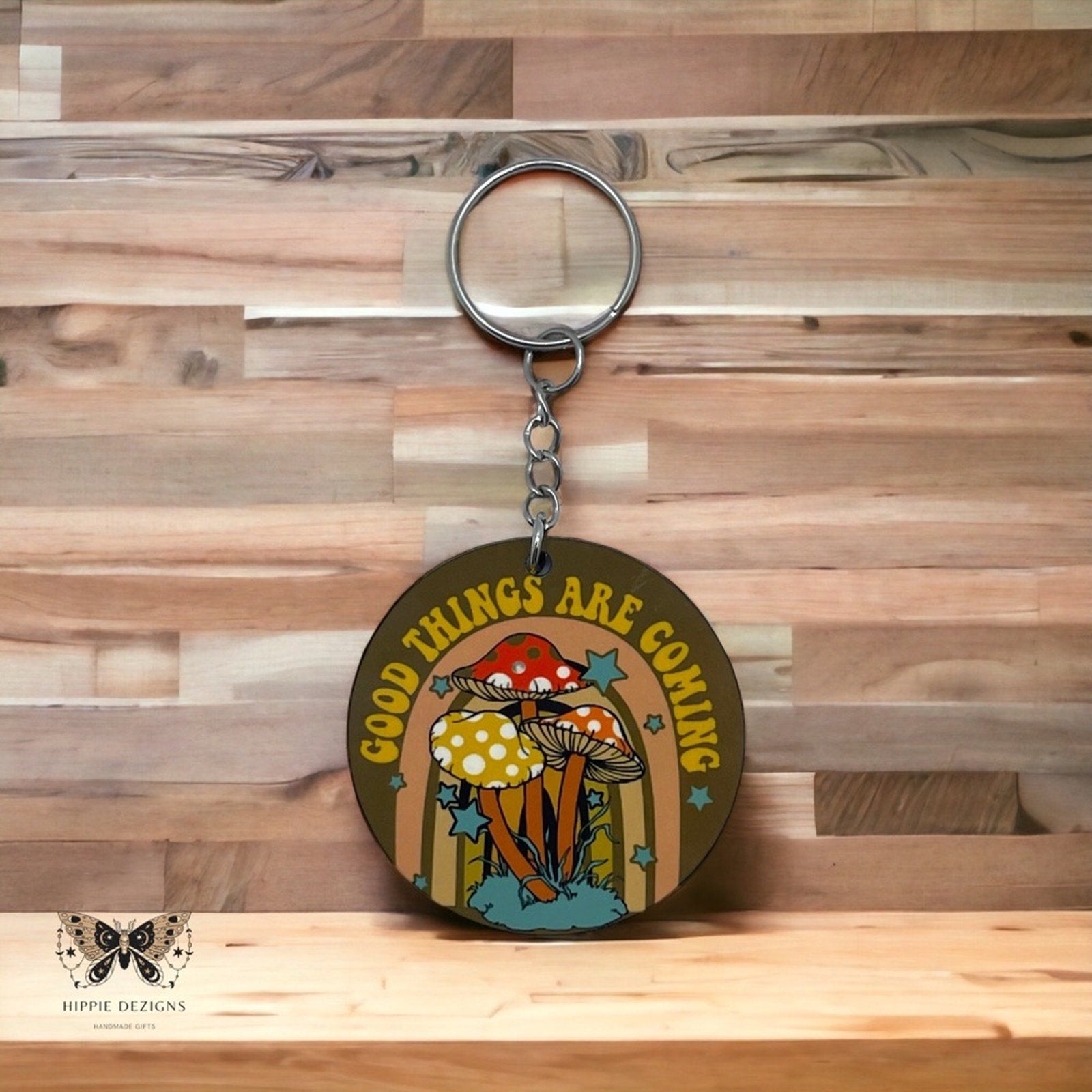 Good Things Are Coming Mushroom Wooden Keychain