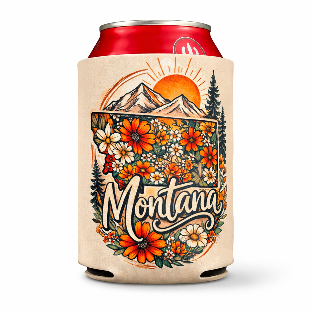 Montana Wildflower Mountain Can Koozie – Handmade Boho Montana Drink Sleeve | Insulated Neoprene Beer & Soda Holder | Montana Gift