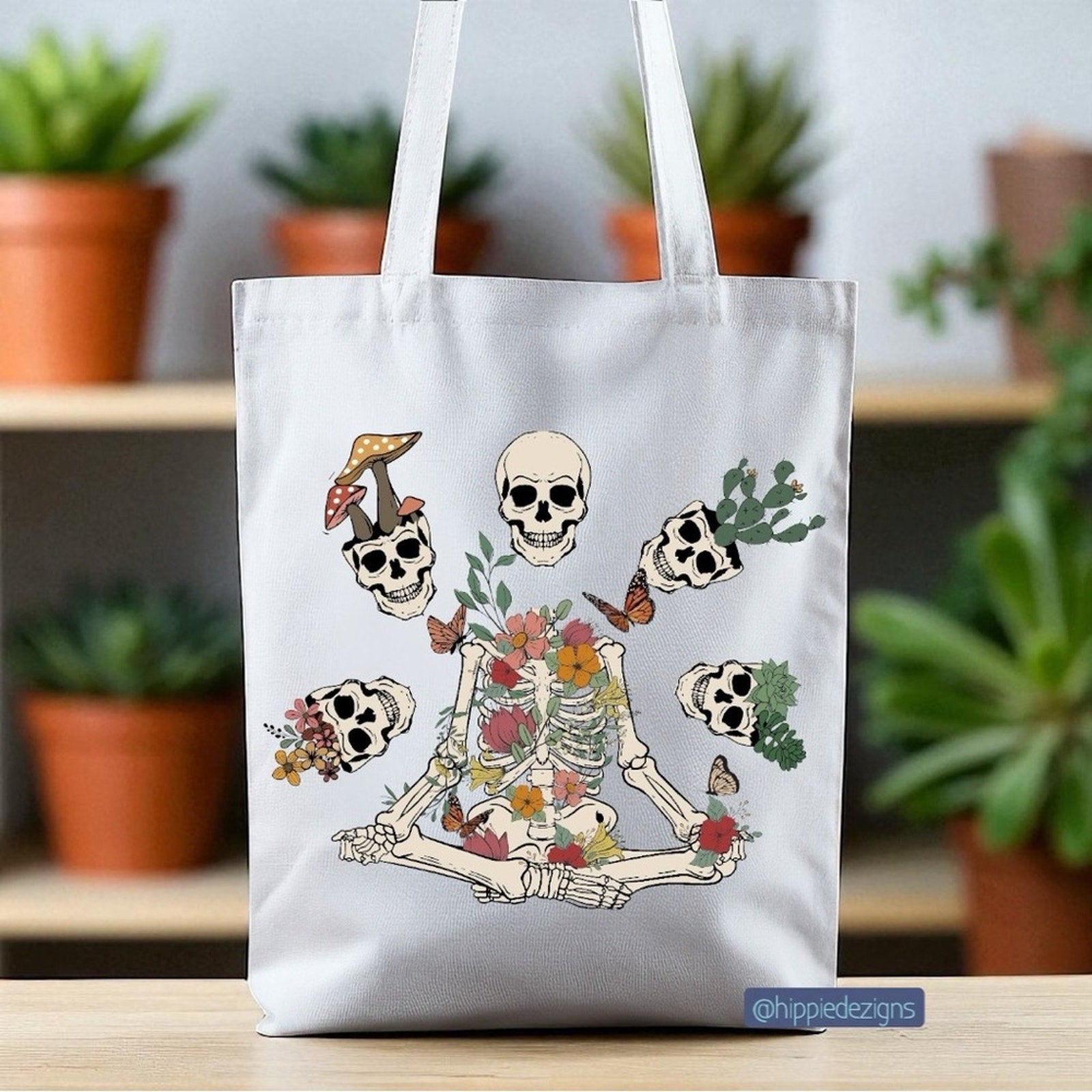 White Tote Bag with Floral Skull Design