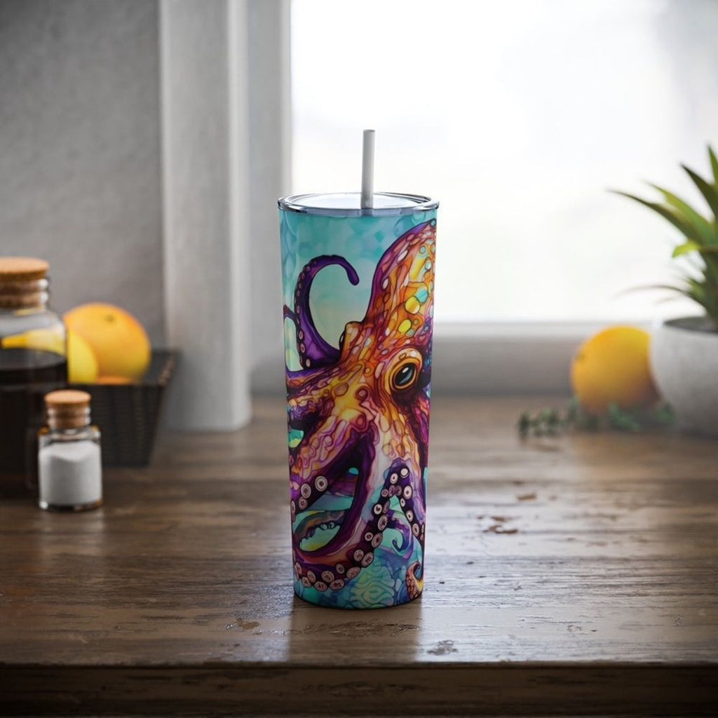 Colorful Octopus 20oz Straight Tumbler- Ocean Art Stainless Steel Cup with Metal Straw