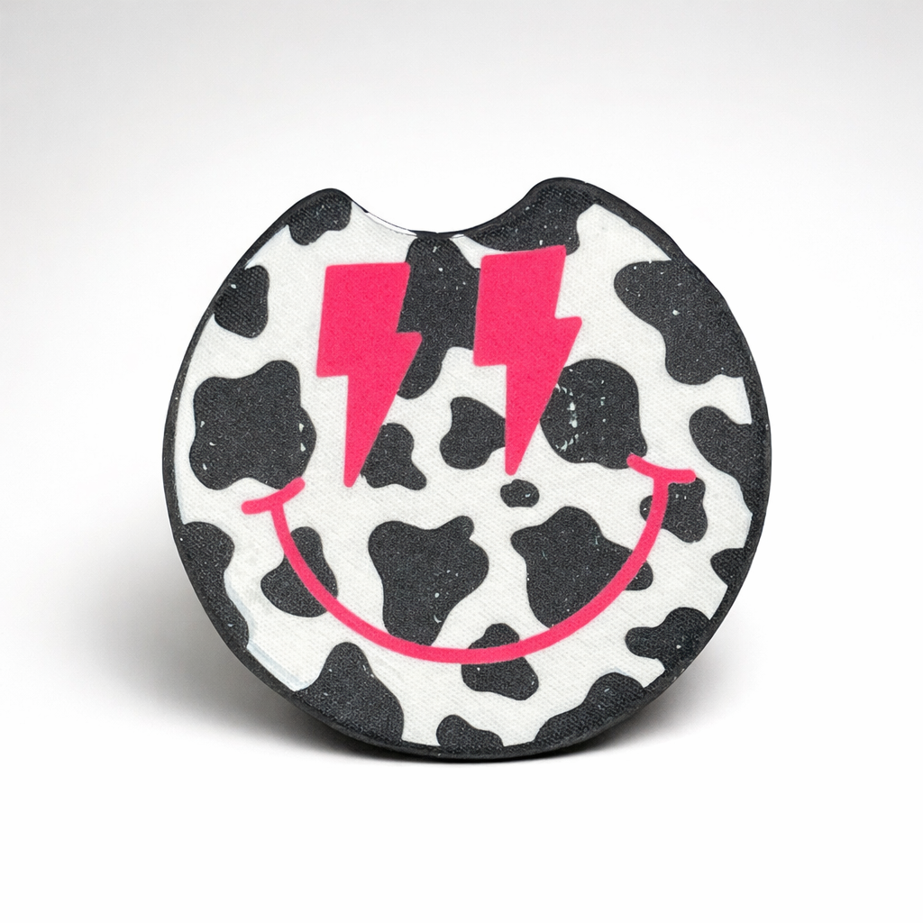 Cow Print Lightning Smiley🐮 Car Coaster 2 Pack