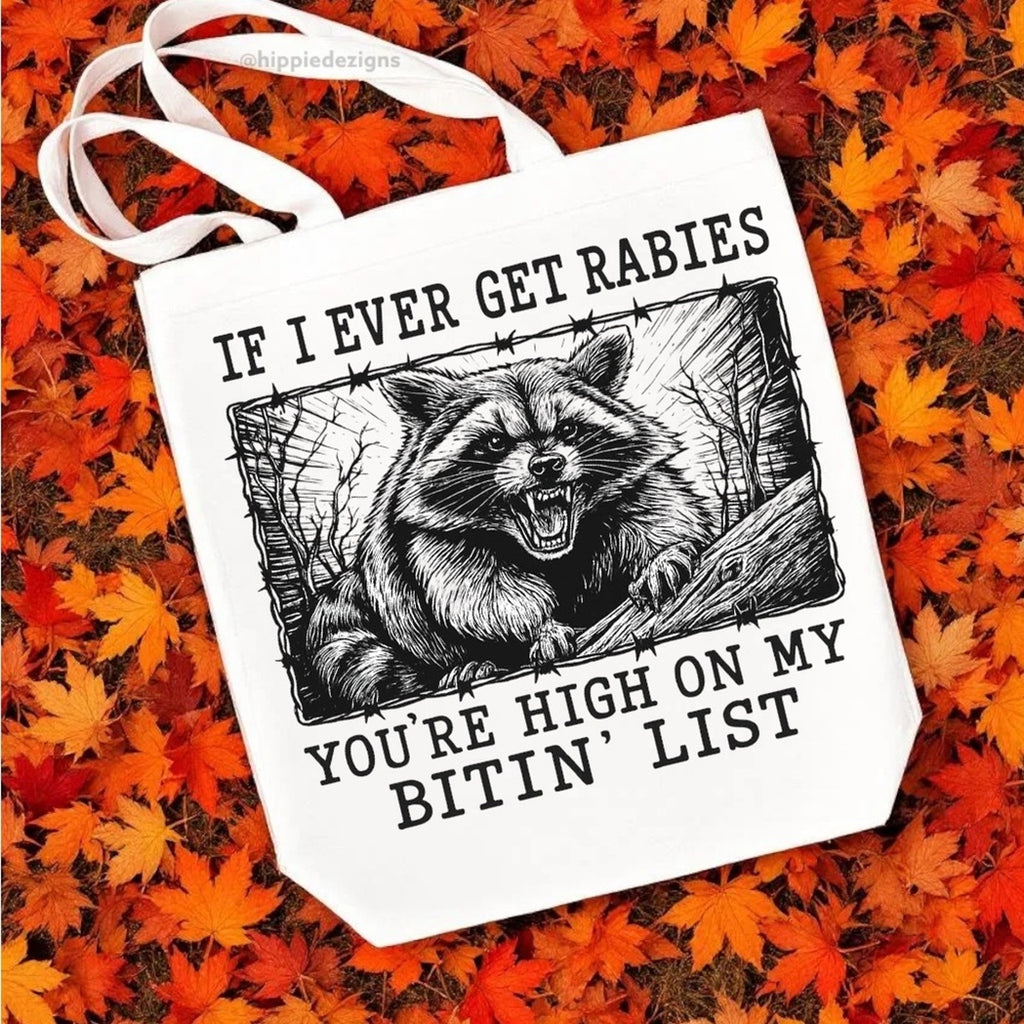 White Tote Bag with Raccoon Graphic