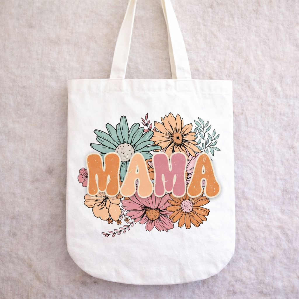 Boho MAMA Floral Tote Bag | Retro Mom Gift | Cute Everyday Canvas Bag | Hippie Style Market Tote