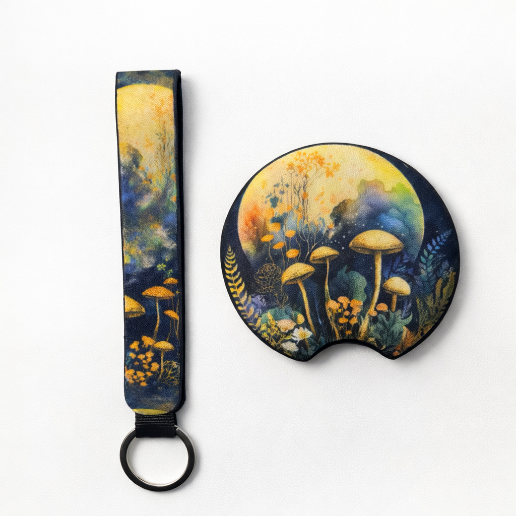 Boho Mushroom Car Coaster Set + Keychain | Moon Mushroom Car Accessories | Hippie Car Decor