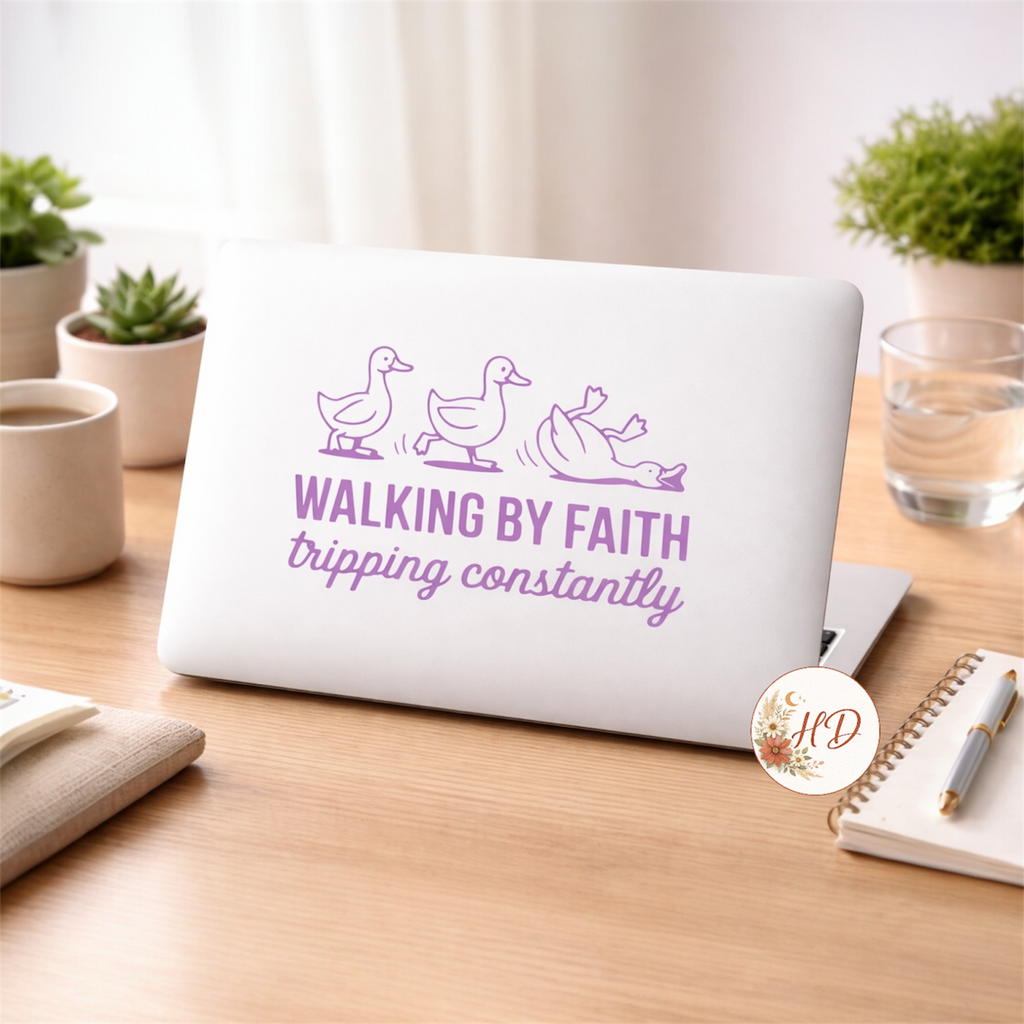 Walking By Faith Tripping Constantly Duck Decal | Funny Christian Vinyl Sticker | Car Window Laptop Tumbler Faith Decal