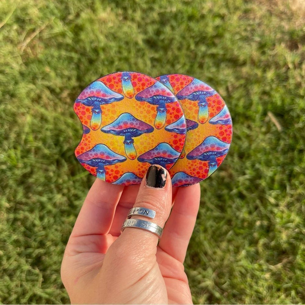Boho Mushroom Car Coasters | Neoprene Cup Holder Coasters | Colorful Psychedelic Car Accessories | Set of 2 | Fits Standard Cup Holders