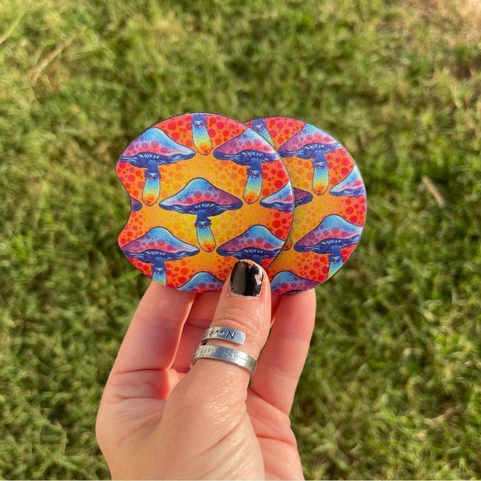 Boho Mushroom Car Coasters | Neoprene Cup Holder Coasters | Colorful Psychedelic Car Accessories | Set of 2 | Fits Standard Cup Holders