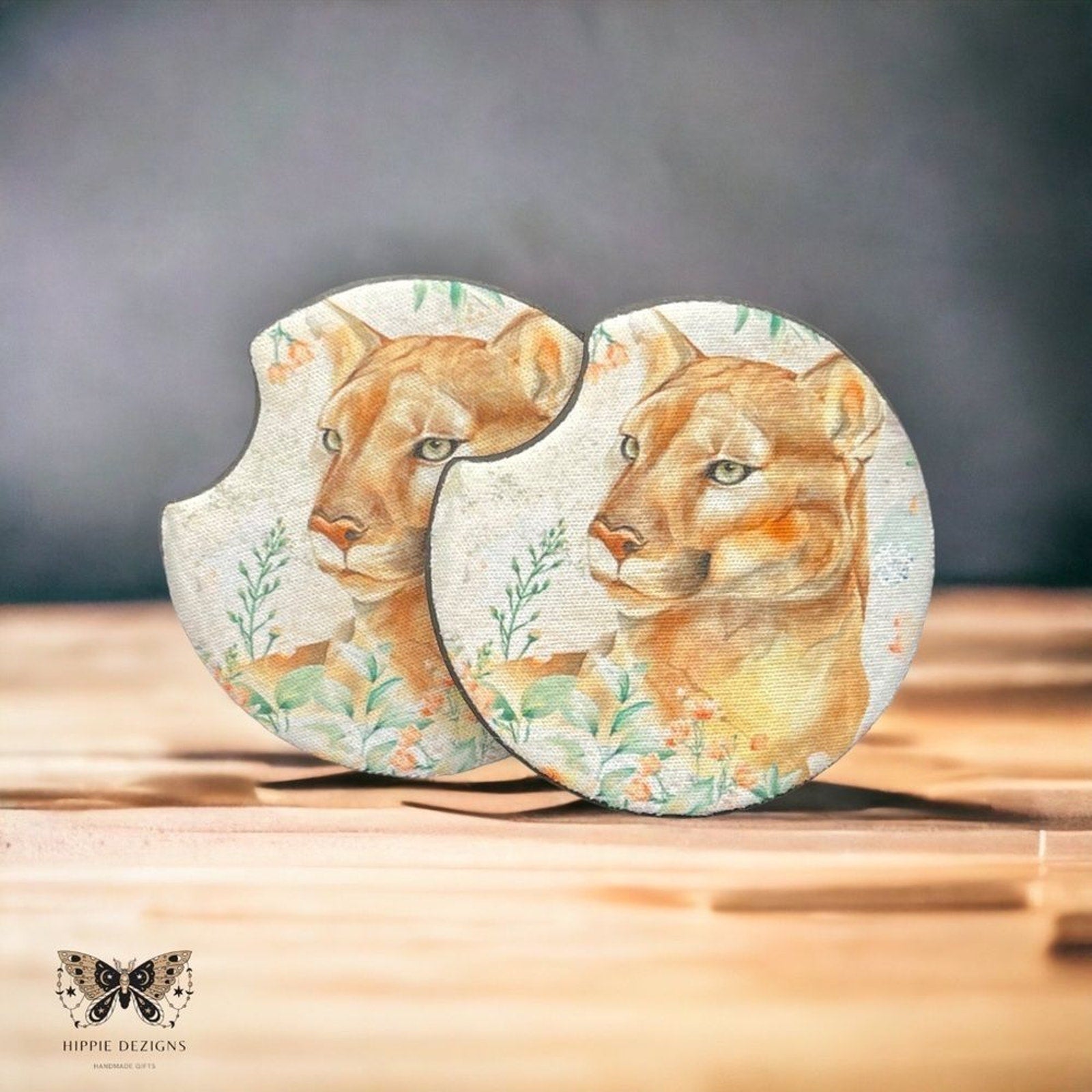 Floral Mountain Lion Car Coaster 2 Pack