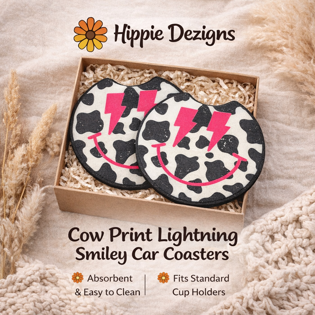 Cow Print Lightning Smiley🐮 Car Coaster 2 Pack