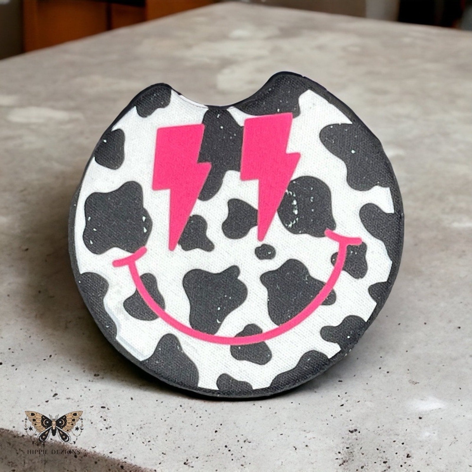 Cow Print Lightning Smiley🐮 Car Coaster 2 Pack