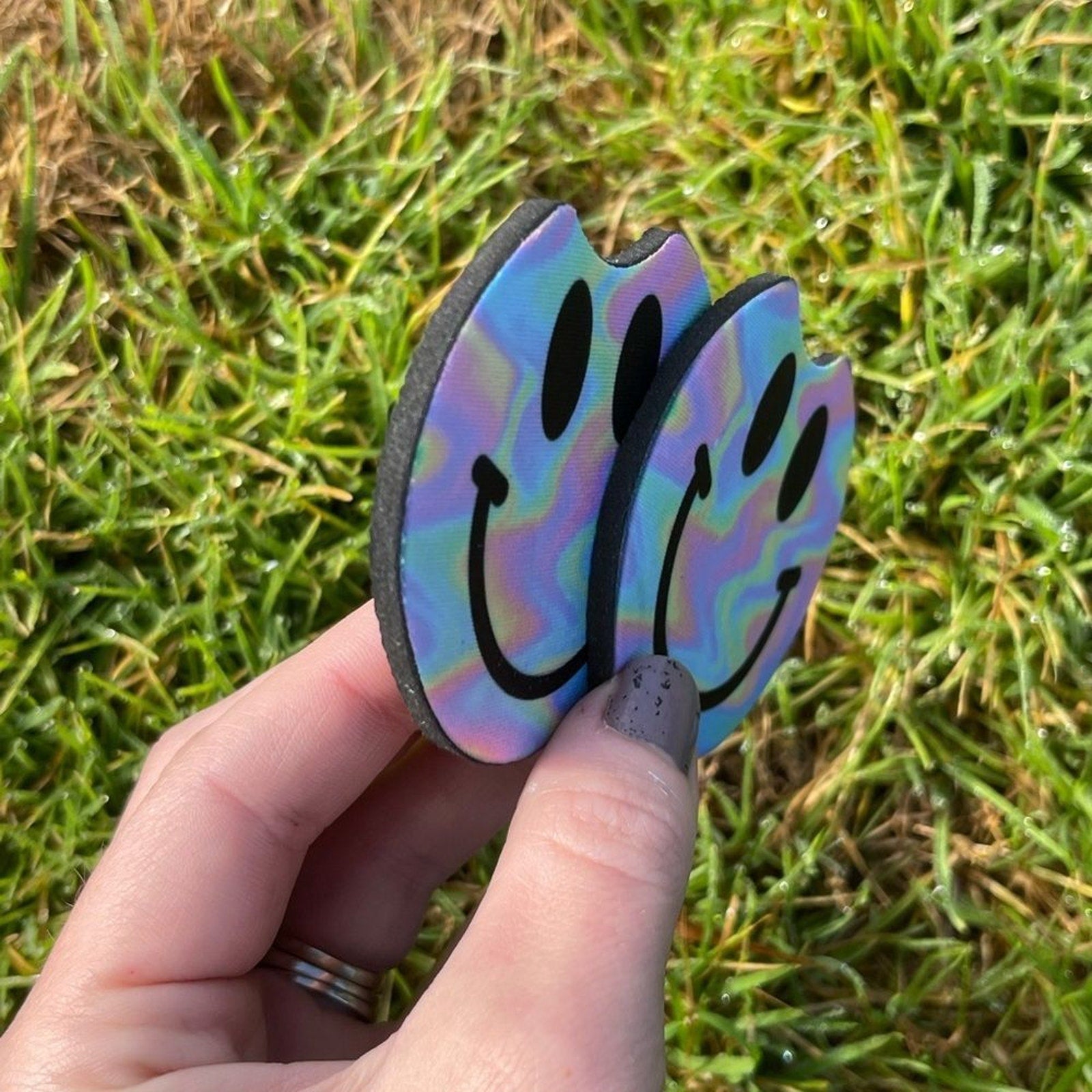 Rainbow Holographic Smiley Face Car Coaster Set | Car Access