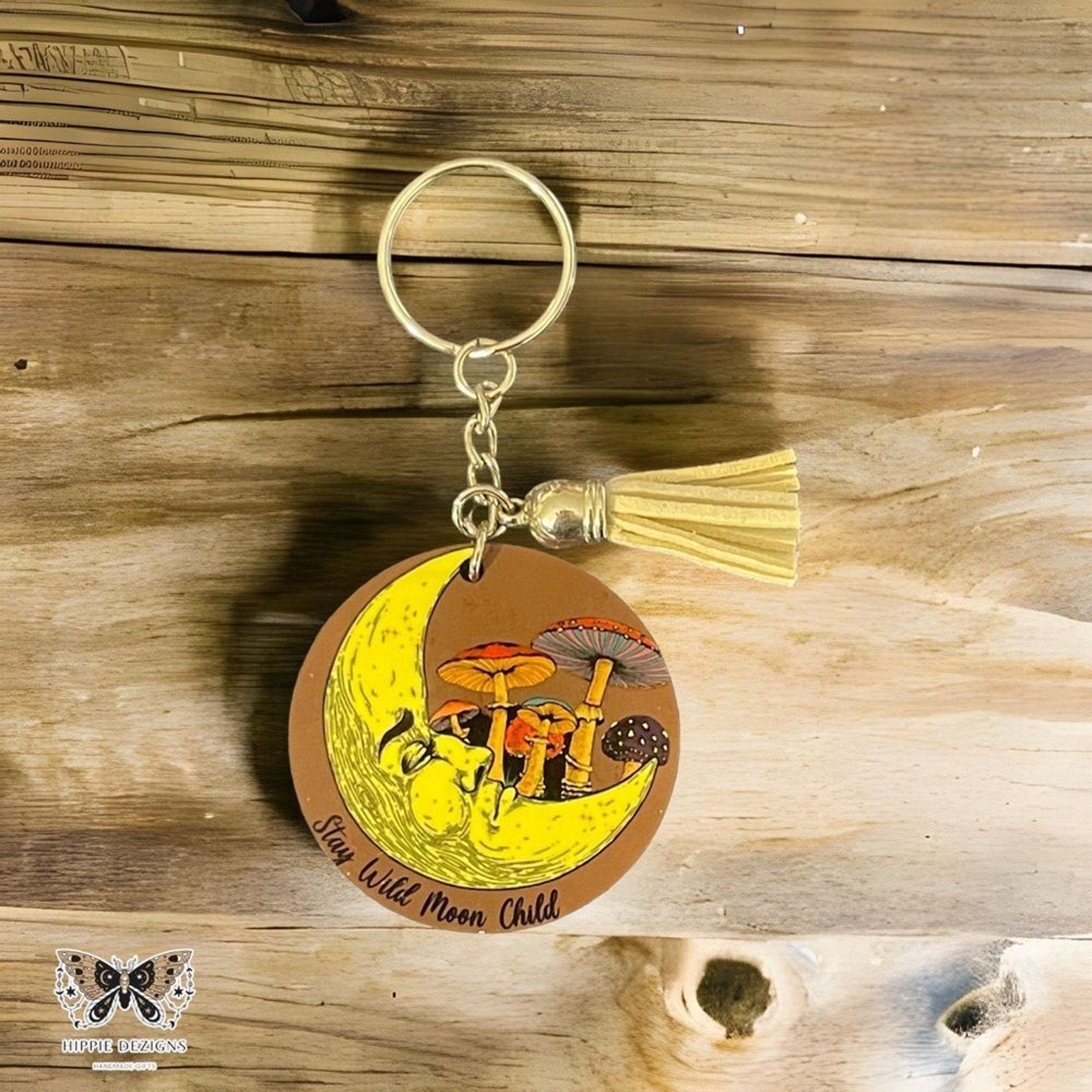 Handmade Stay Wild Moon Child Mushroom Wooden Keychain