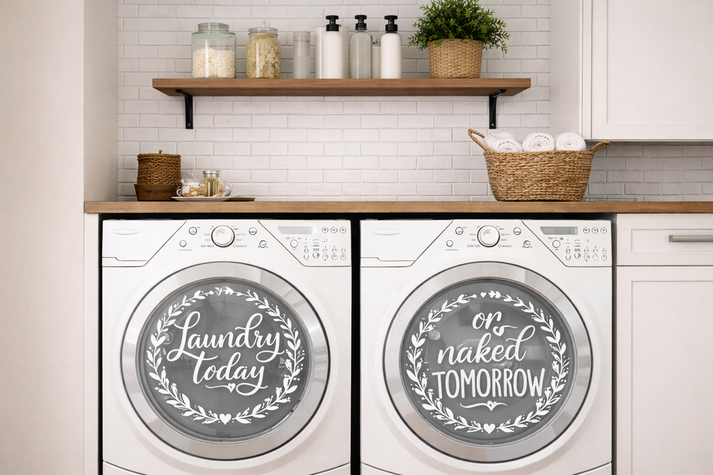 Laundry Room Washer Dryer Decals | “Laundry Today or Naked Tomorrow” Vinyl Washer Dryer Door Decal Set | Farmhouse Laundry Room Decor
