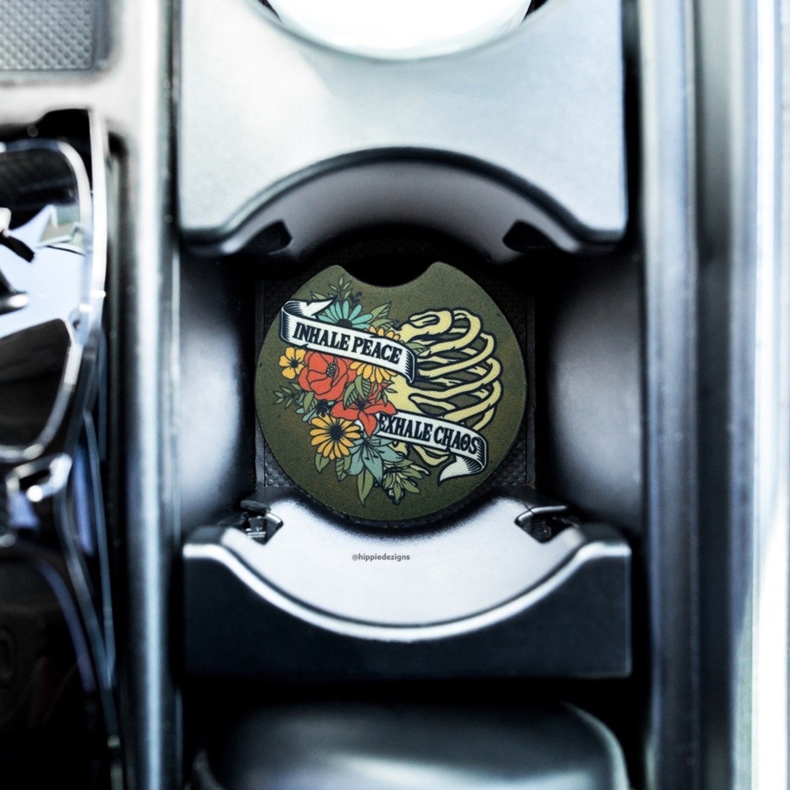 Inhale Peace Floral Skeleton Car Coasters