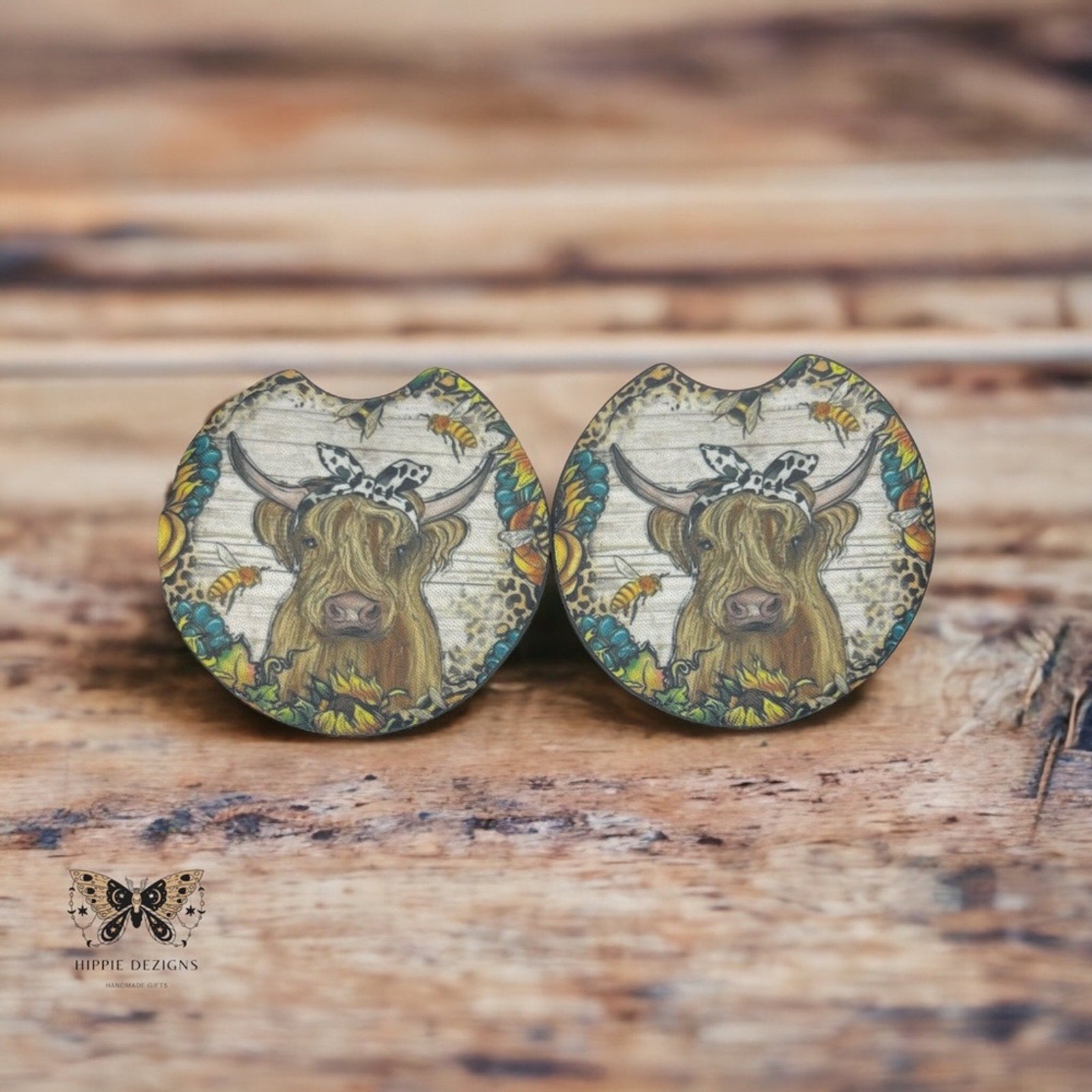 Western Highland Cow Car Coaster 2 Pack