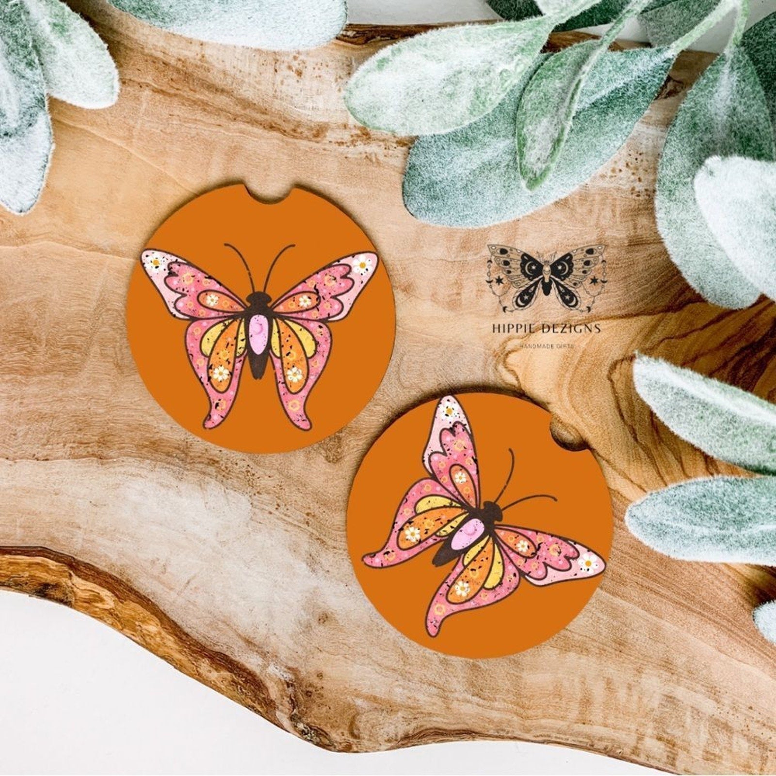 Orange Butterfly Car Coaster Set