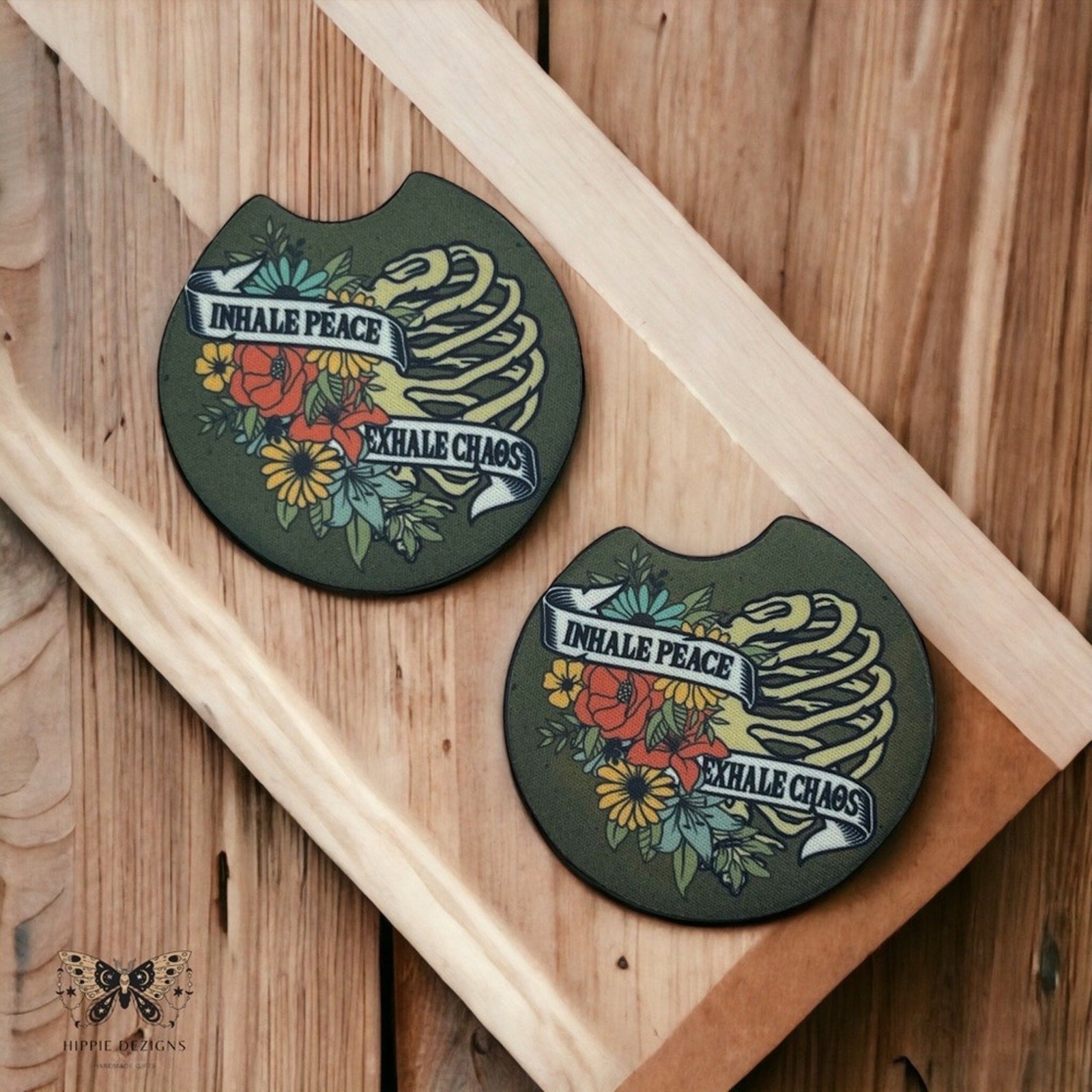 Inhale Peace Floral Skeleton Car Coasters