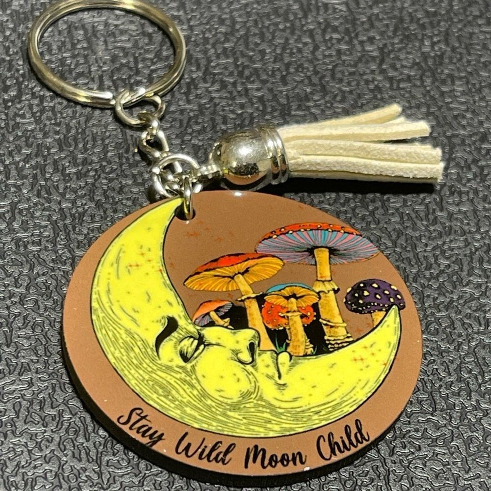 Handmade Stay Wild Moon Child Mushroom Wooden Keychain