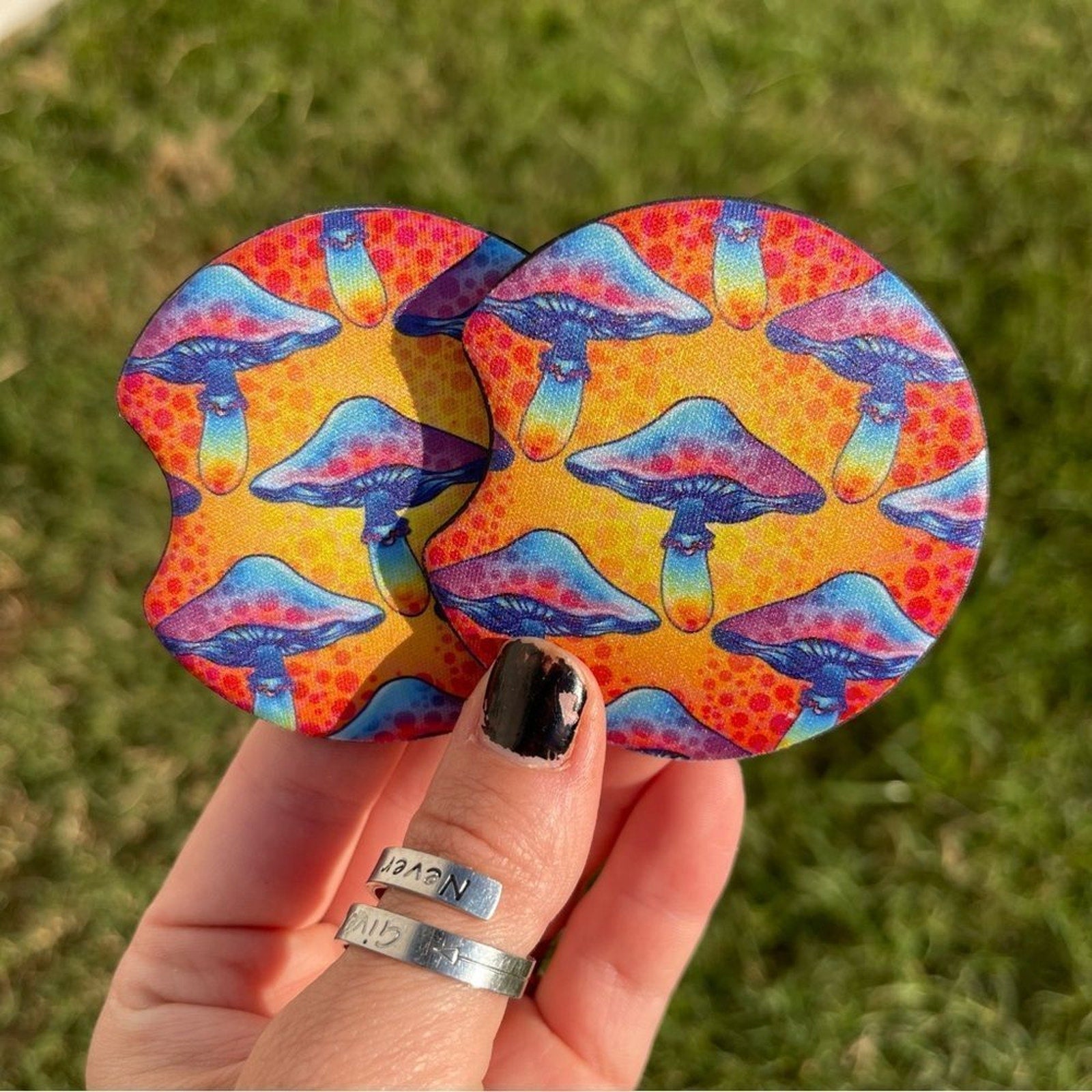 Boho Mushroom Car Coasters | Neoprene Cup Holder Coasters | Colorful Psychedelic Car Accessories | Set of 2 | Fits Standard Cup Holders