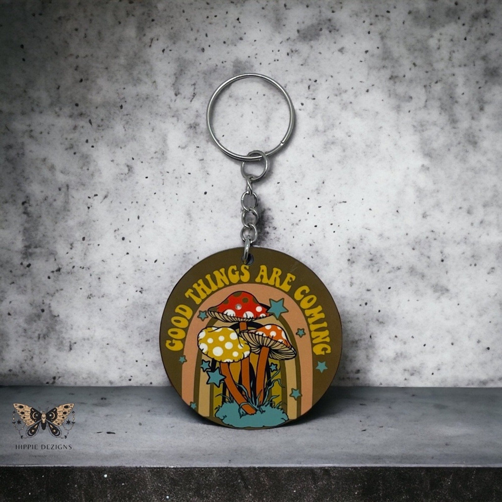 Good Things Are Coming Mushroom Wooden Keychain